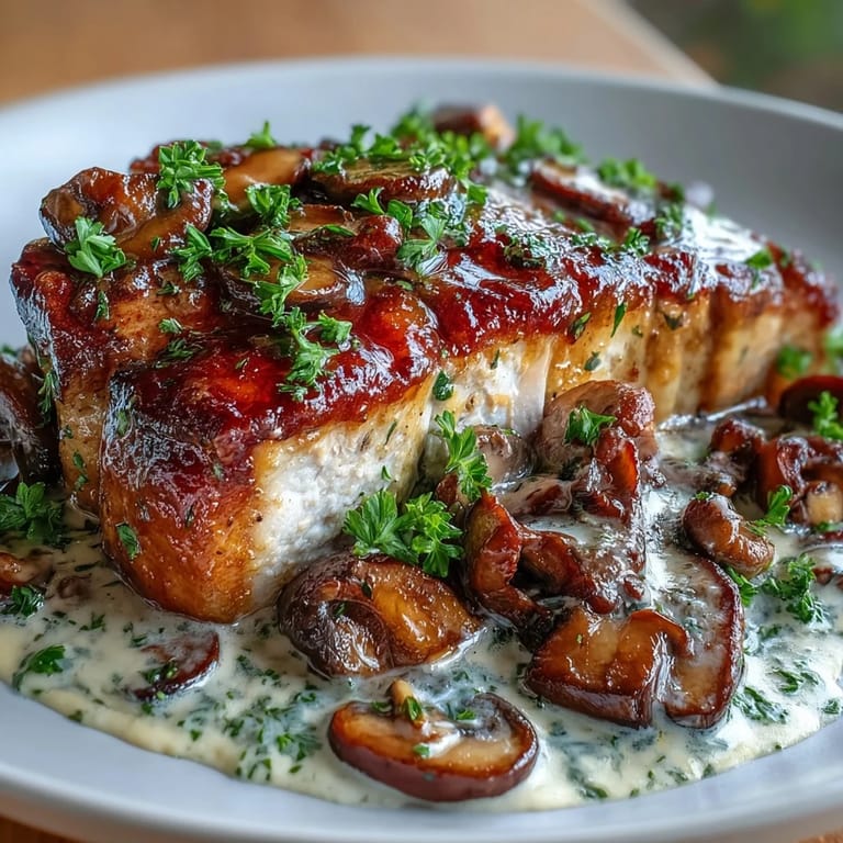 Succulent bone-in pork chops seared to perfection, smothered in a velvety Parmesan mushroom sauce, paired with herb-roasted radishes for a low-carb dinner.  