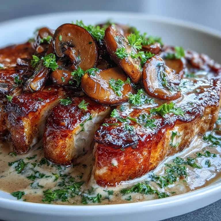 Flavorful pork chops simmered in a creamy Dijon mushroom sauce, plated alongside caramelized roasted radishes for a hearty, keto-friendly main dish.