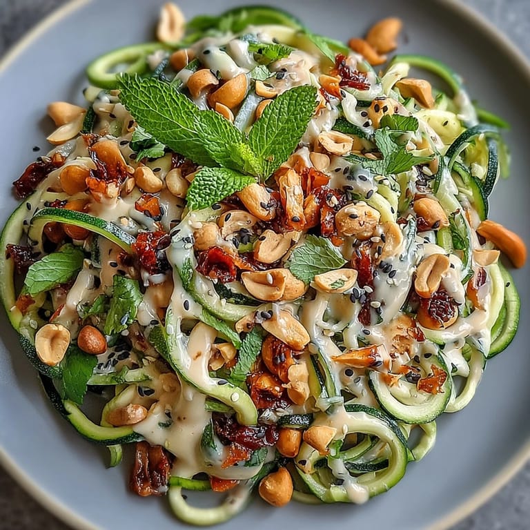 Vibrant Thai-inspired zucchini noodle salad featuring crisp vegetable ribbons, roasted peanuts, and tangy peanut sauce.  