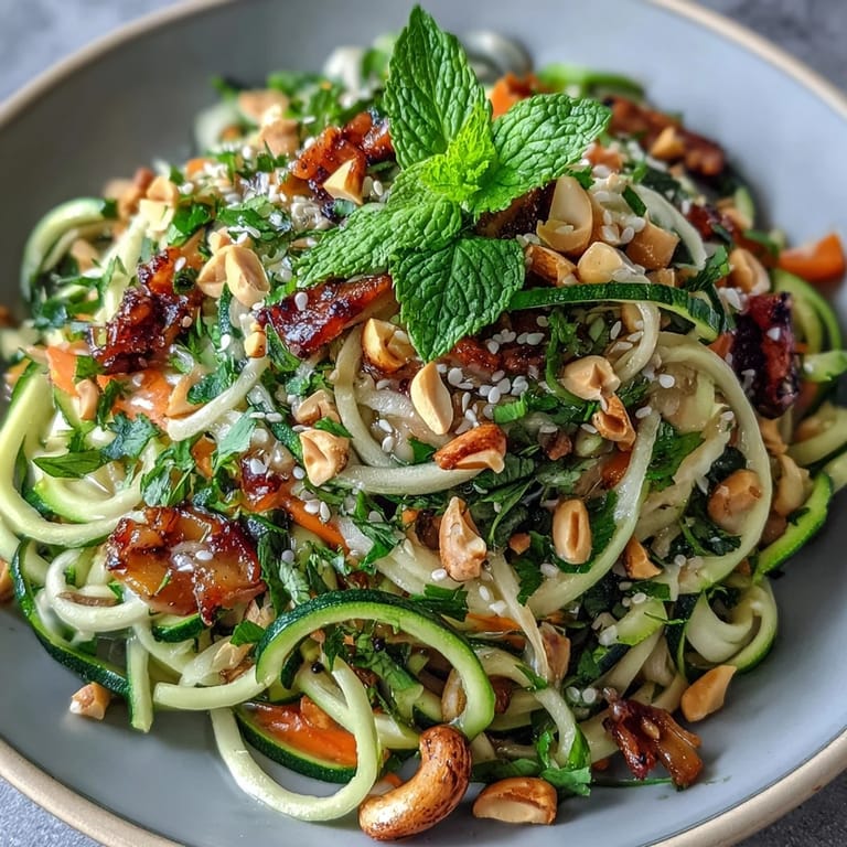 Creamy Thai peanut dressing coats spiralized zucchini and crunchy veggie ribbons in this refreshing vegan salad.