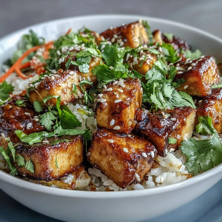 Crispy tofu cubes, pickled carrots, and daikon atop jasmine rice with fresh cilantro and jalapeño.  
