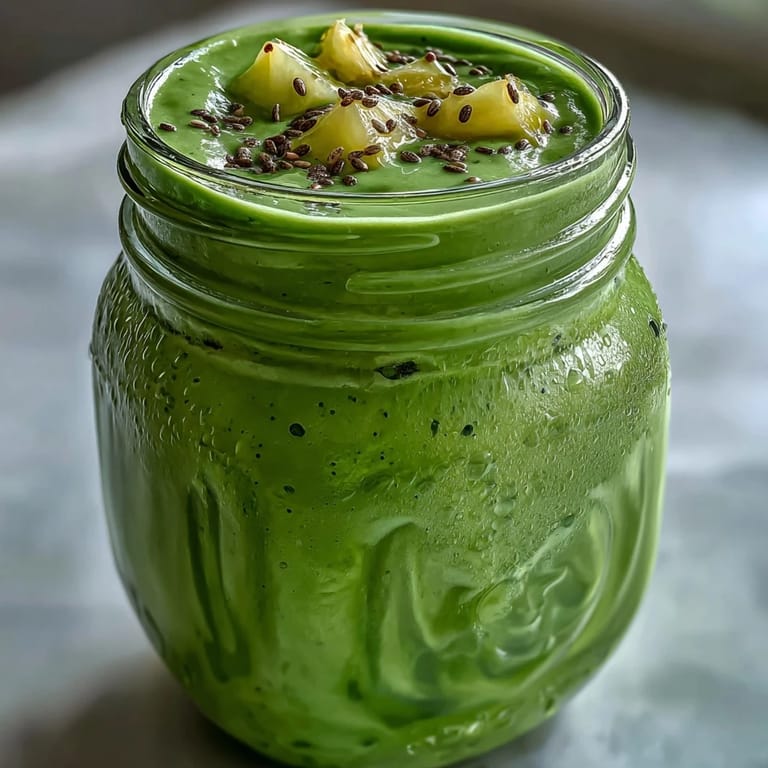 Bright green smoothie jars filled with fresh spinach, banana, and pineapple chunks, ideal for quick, healthy breakfasts on the go.