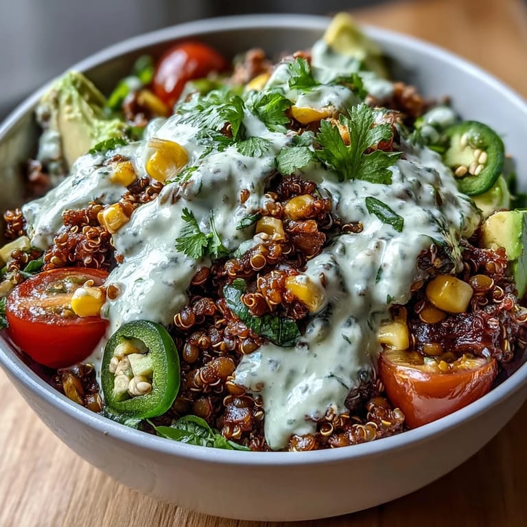 Vegan lentil-quinoa taco meat bowls with vibrant avocado lime crema, fresh tomatoes, and zesty lime garnish.  