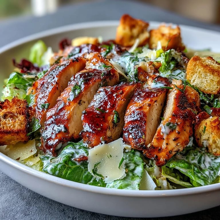 A fresh and flavorful grilled chicken Caesar salad featuring creamy Greek yogurt dressing, crunchy sourdough croutons, and shaved Parmesan.