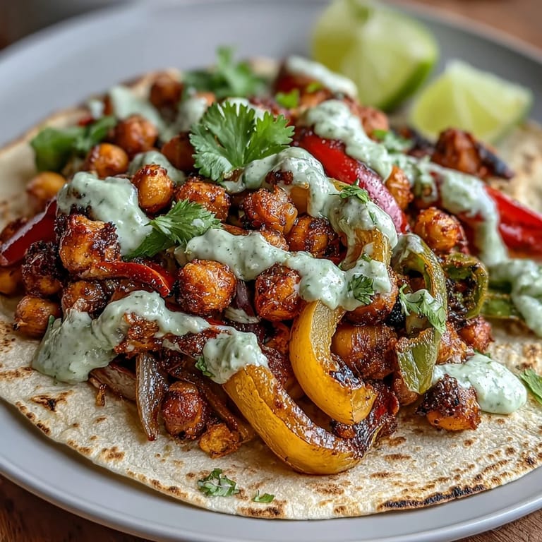 Vibrant vegetarian fajitas featuring bell peppers, zucchini, and chickpeas, served with zesty guac yogurt drizzle.  