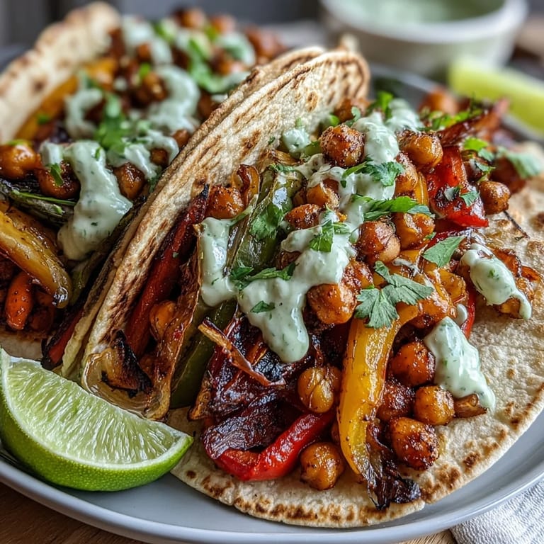 Plant-based fajitas with roasted rainbow vegetables and chickpeas, topped with tangy avocado yogurt sauce.