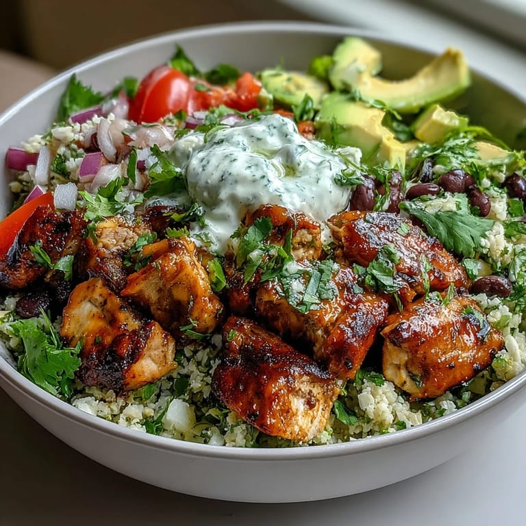 Zesty cilantro-lime cauliflower rice paired with seasoned chicken breast, black beans, tomatoes, and creamy avocado in a low-calorie bowl.