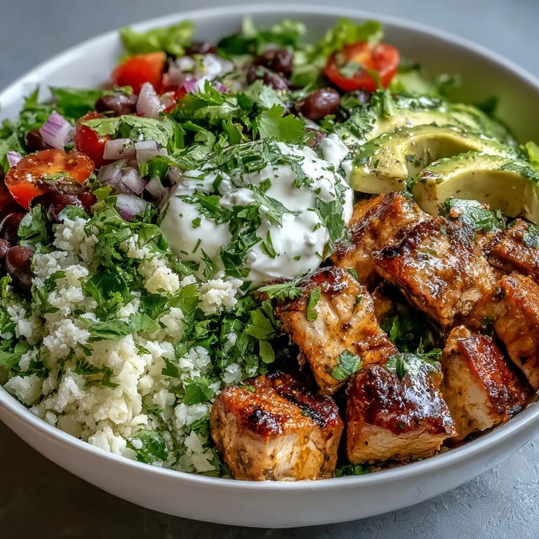 Flavorful 400-calorie burrito bowl featuring zesty cauliflower rice, juicy chicken, black beans, cherry tomatoes, and a dollop of Greek yogurt.