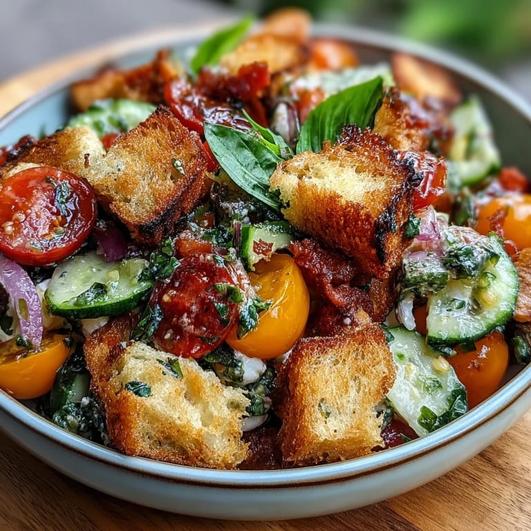 Rustic Italian panzanella featuring golden sourdough croutons, juicy heirloom tomatoes, and fragrant basil dressing, perfect for summer.  
