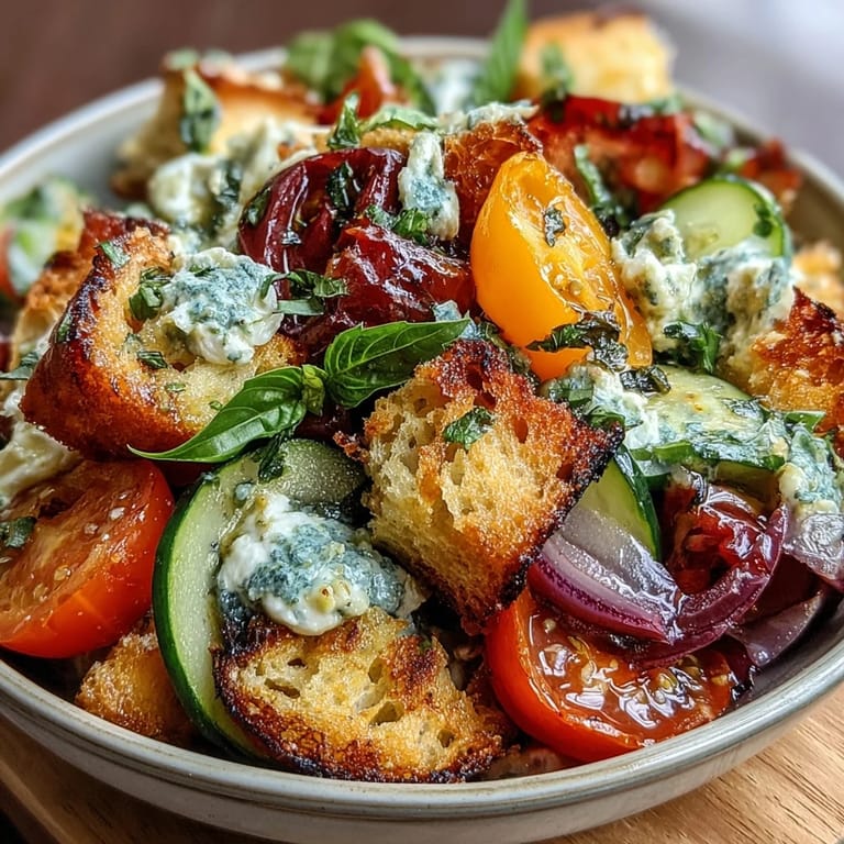 Heirloom tomato and sourdough panzanella salad with crisp croutons, cucumber, and basil vinaigrette, ideal for light vegetarian meals.