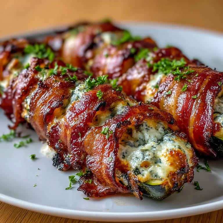 Keto-friendly zucchini halves filled with a rich blend of mozzarella, Parmesan, and fresh herbs, wrapped in crispy streaky bacon.