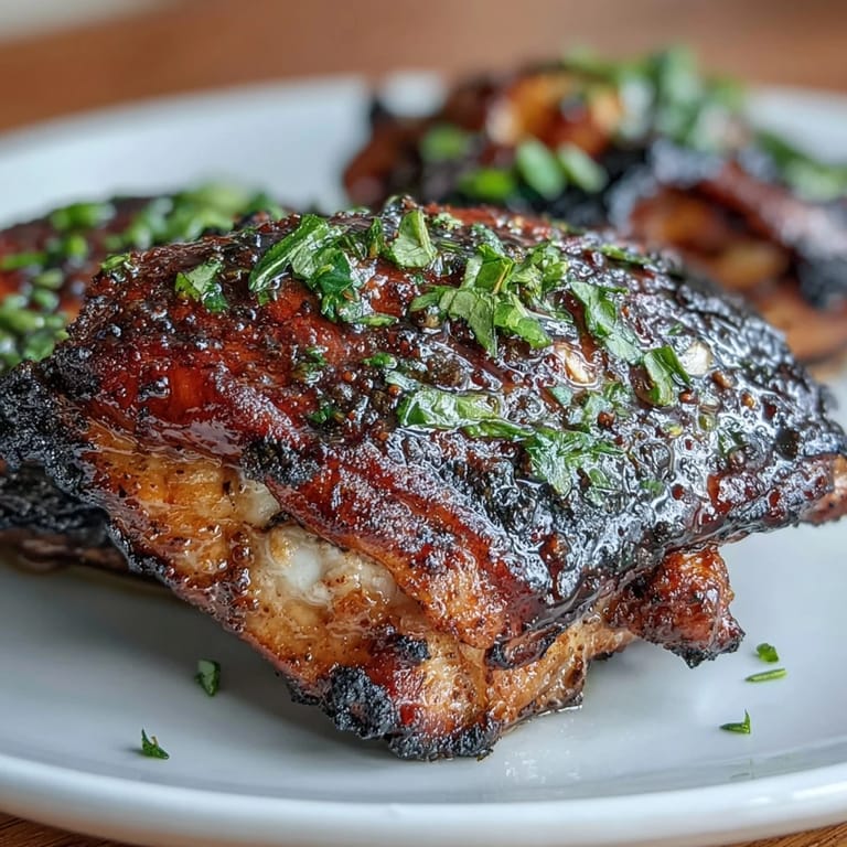Aromatic jerk chicken thighs rest on a bed of fragrant rice and peas, garnished with fresh thyme and lime wedges for a Caribbean feast.