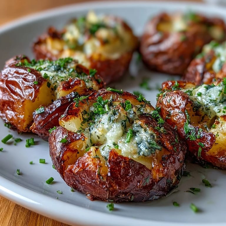 Golden-brown smashed potatoes topped with parsley, chives, and thyme, crispy edges with creamy centers.