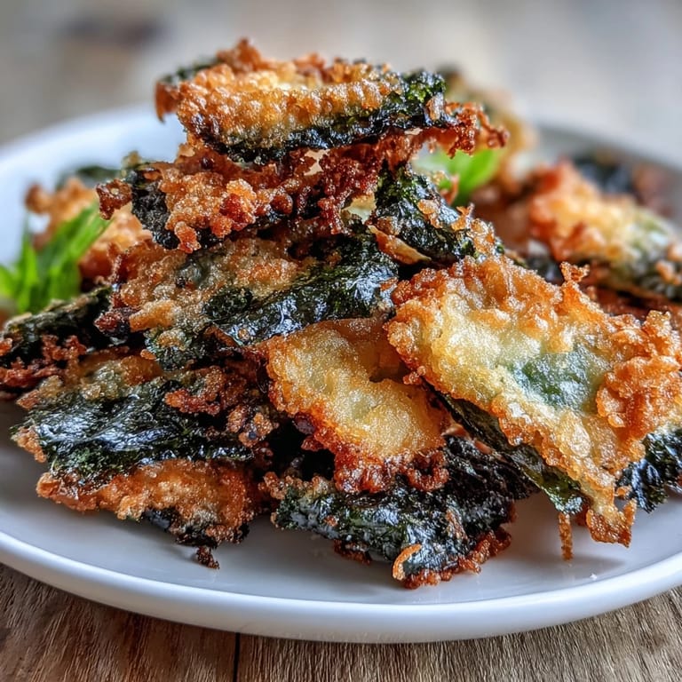 Savory seaweed tempura appetizer showcasing crispy nori wrapped in a light, crunchy tempura coating, served warm with sesame-spiked dipping sauce.