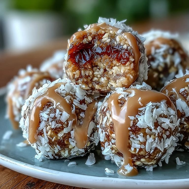No-bake tahini-date balls with shredded coconut and cinnamon, offering a rich, nutty flavor and chewy texture for quick energy.