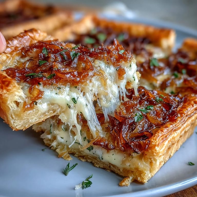 Savory tart filled with sweet caramelized onions, melted Gruyere cheese, and creamy egg custard in buttery crust.  