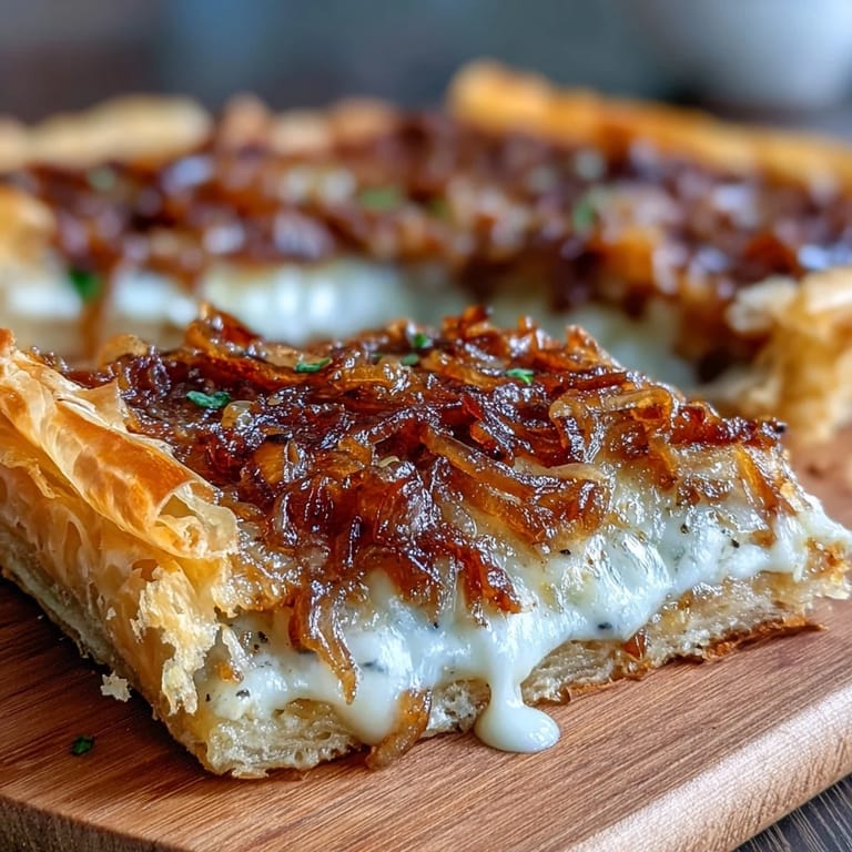 Close-up of caramelized onion and Gruyere tart with golden-brown top, perfect for French-inspired lunch.