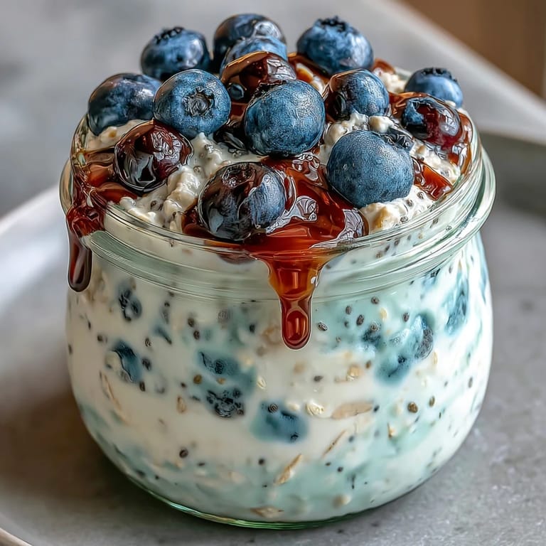 2. Layered overnight oats topped with juicy blueberries and sliced almonds, drizzled with honey for a delicious morning treat.  