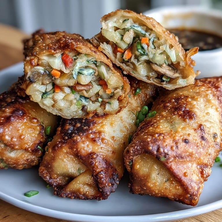 Golden-brown air fryer egg rolls packed with colorful vegetables and paired with a savory-sweet soy ginger dipping sauce.  