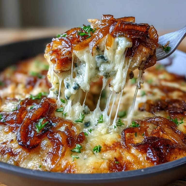 French Onion Chicken Bake with Melted Gruyere, a comforting dish with golden chicken breasts smothered in sweet caramelized onions and melted cheese.