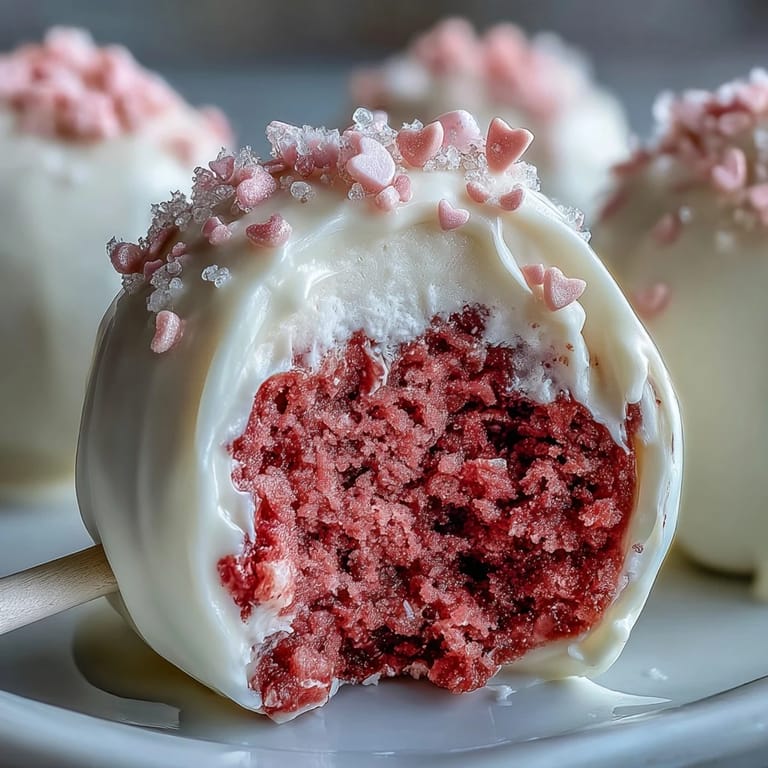 These Galentines cake pops feature pink velvet cake, tangy cream cheese frosting, and a white chocolate coating, perfect for sharing.
