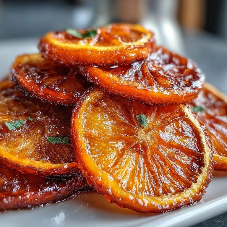 Glossy candied orange rounds, perfect for elevating Valentine's cocktails with a sweet citrus touch and vibrant color.  