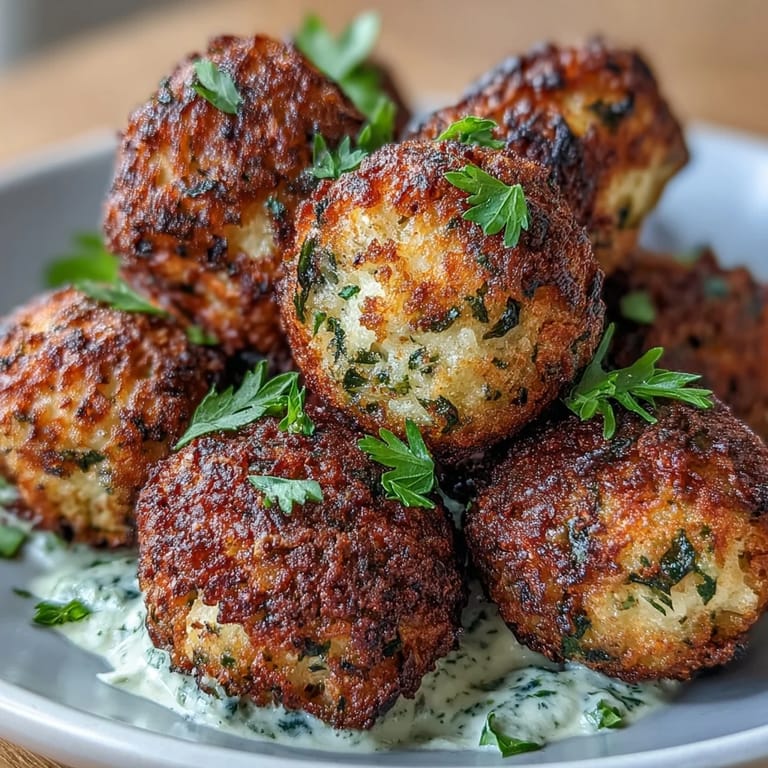 Air-fried falafel served with creamy green tahini sauce, ideal for mezze platters, grain bowls, or pita sandwiches.