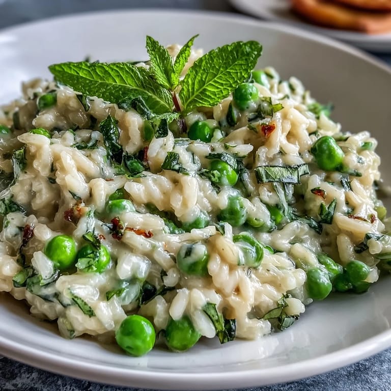 Aromatic risotto infused with sweet peas, fresh mint, and rich Parmesan cheese, served in a white bowl with a sprinkle of herbs.
