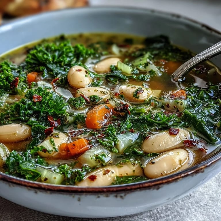 A vibrant bowl of kale and white bean soup, infused with lemon zest and garlic for a fresh Mediterranean flavor.