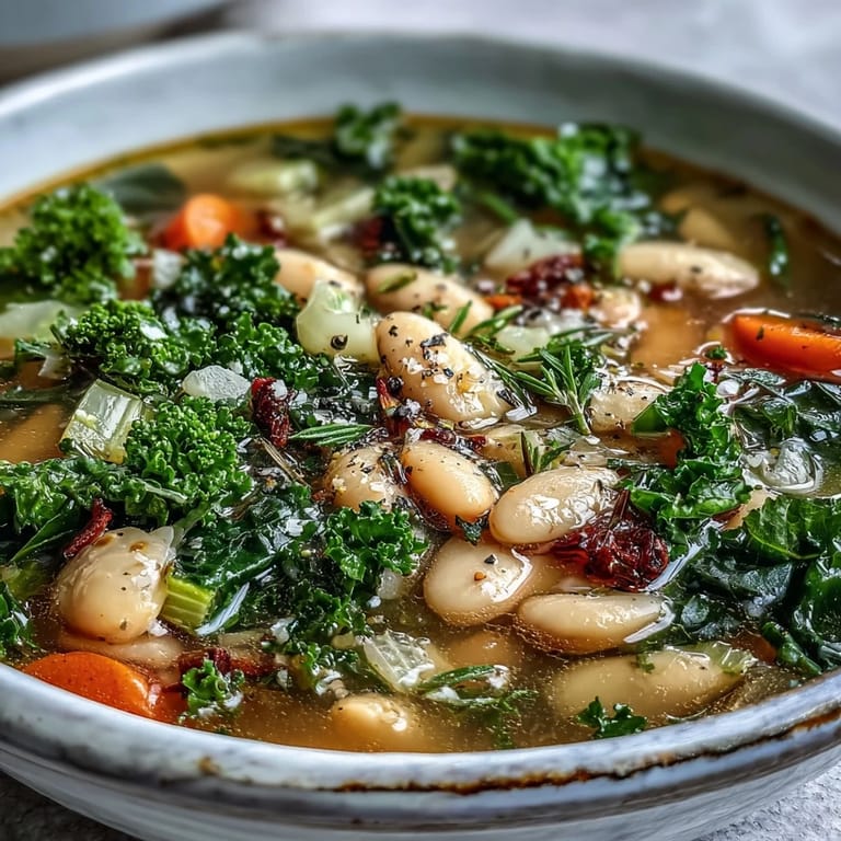 Nourishing kale and white bean soup with tender vegetables, cannellini beans, and a zesty lemon-garlic finish, ideal for chilly days.