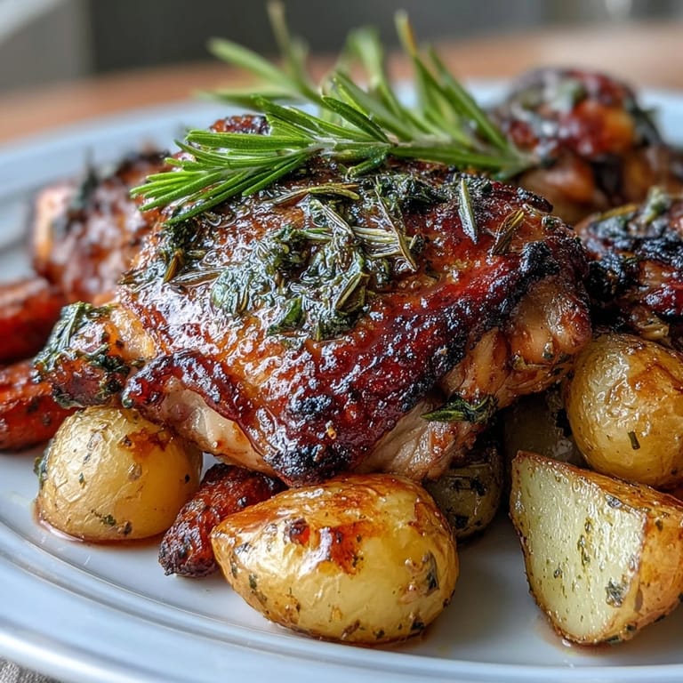 Juicy herb-seasoned chicken thighs nestled among tender roasted baby potatoes and sweet carrots in a one-pan dinner.  