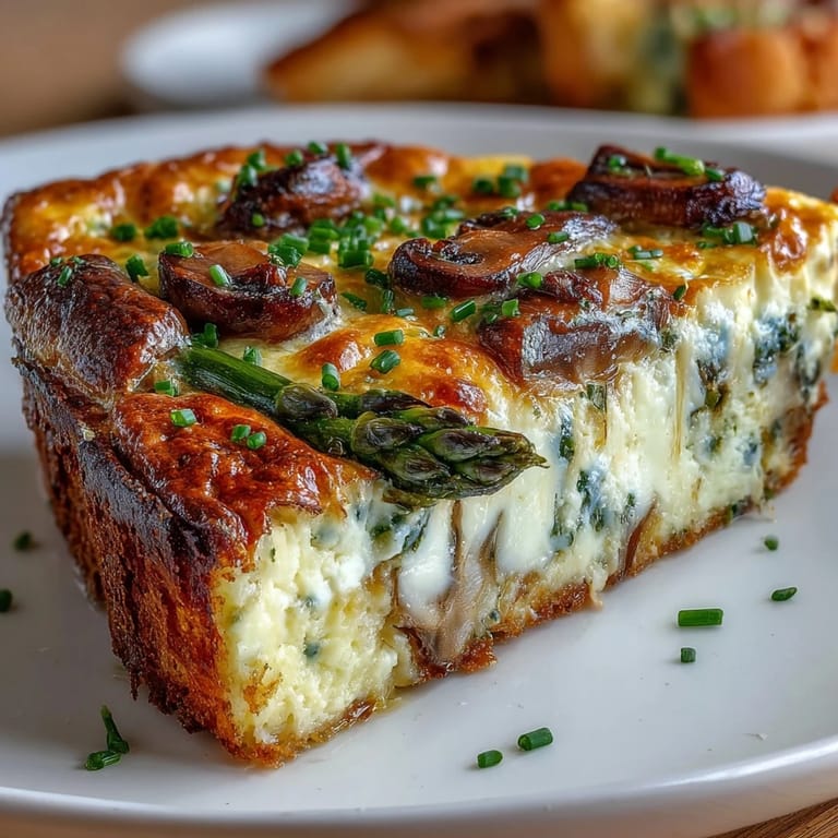 Fluffy eggs and melted Gruyère cheese blend with earthy mushrooms and fresh asparagus atop a buttery sourdough base, perfect for spring dining.  
