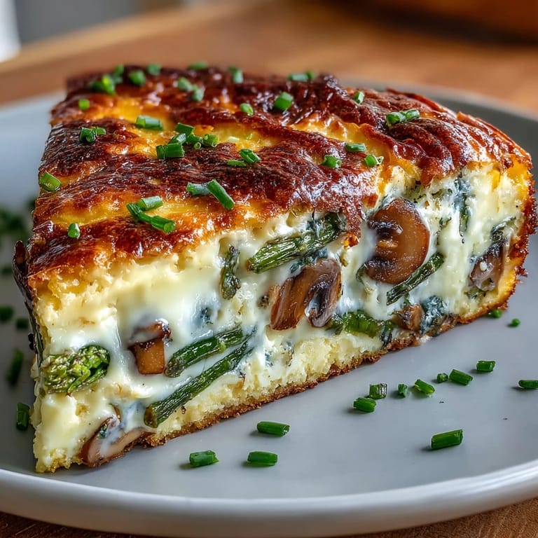 Vegetarian frittata featuring a crunchy sourdough crust layered with sautéed asparagus, mushrooms, and rich Gruyère cheese—ideal for a light dinner or weekend brunch.