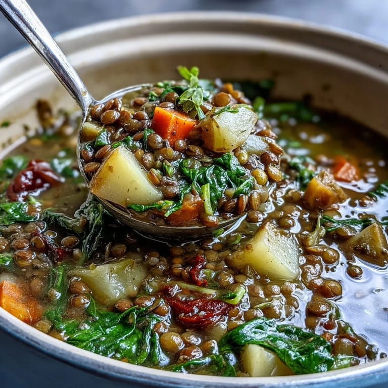 Hearty vegetarian stew featuring tender green lentils, diced carrots, and potatoes simmered with aromatic herbs, served in a deep ceramic bowl with a wooden spoon.