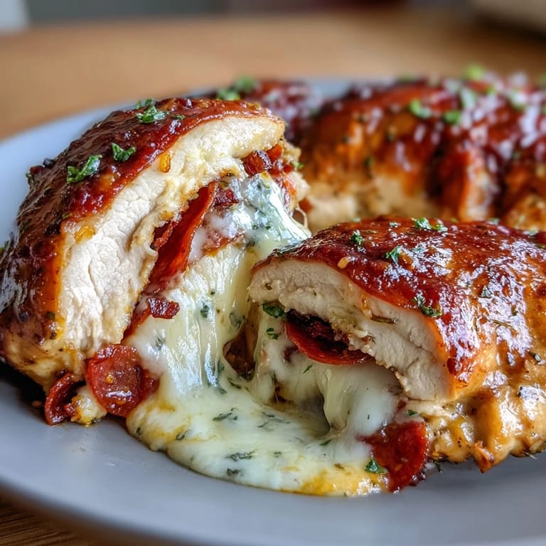 Low-carb pizza-stuffed chicken breasts filled with gooey cheese and savory pepperoni, baked until golden.