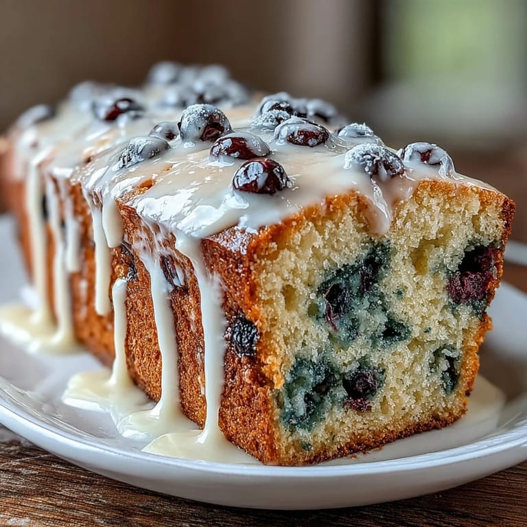 Moist lemon cake bursting with fresh blueberries, topped with a sweet citrus glaze for a delightful dessert.  