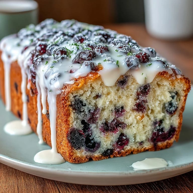 Classic lemon and blueberry loaf cake with a simple glaze, ideal for brunch or afternoon tea gatherings.