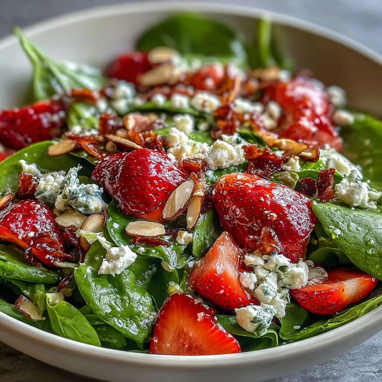 Light and refreshing spinach salad with ripe strawberries, crumbly feta, and poppy seed dressing, perfect for spring meals.