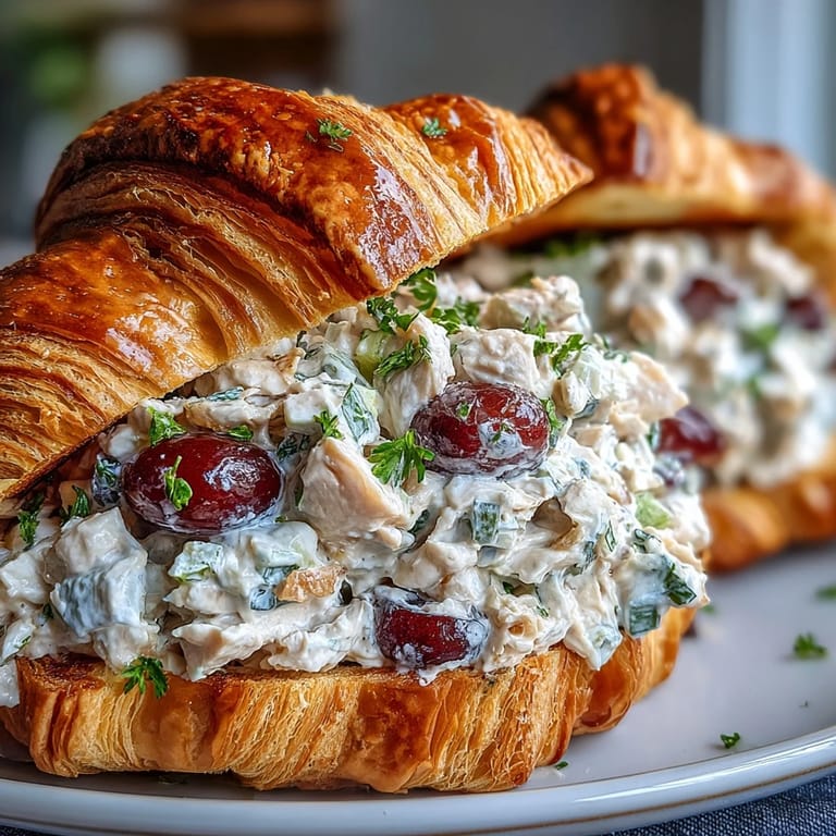 Golden croissants filled with tender chicken salad, sweet red grapes, and crunchy celery, an ideal picnic sandwich recipe.