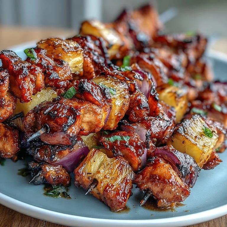 Colorful BBQ chicken pineapple kebabs with caramelized red onion, perfect for a summer cookout or backyard party.  