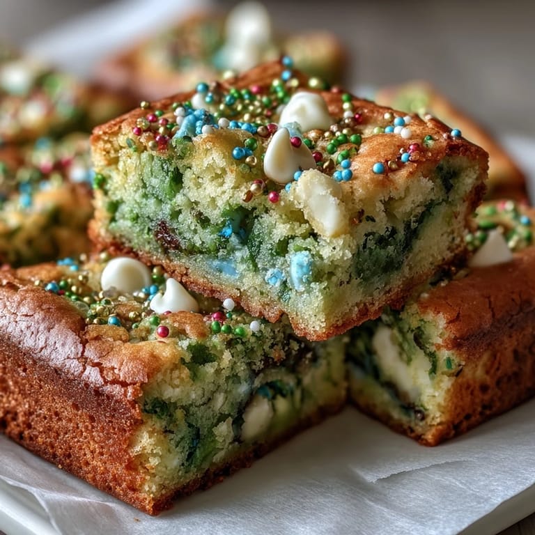 Buttery St. Patricks Day cookie bars layered with rainbow sprinkles and white chocolate chips.
