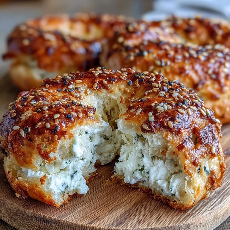 Soft, high-protein bagels made with cottage cheese and self-rising flour, topped with everything bagel seasoning for added flavor.