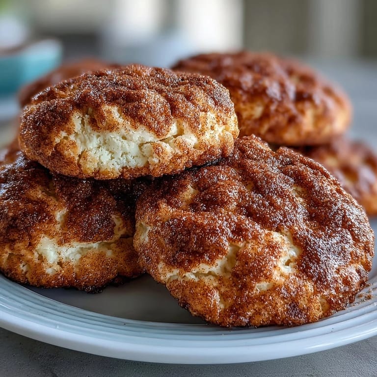 Delicious homemade snickerdoodle cookies with tangy cottage cheese and a warm cinnamon sugar coating, baked to golden perfection.  