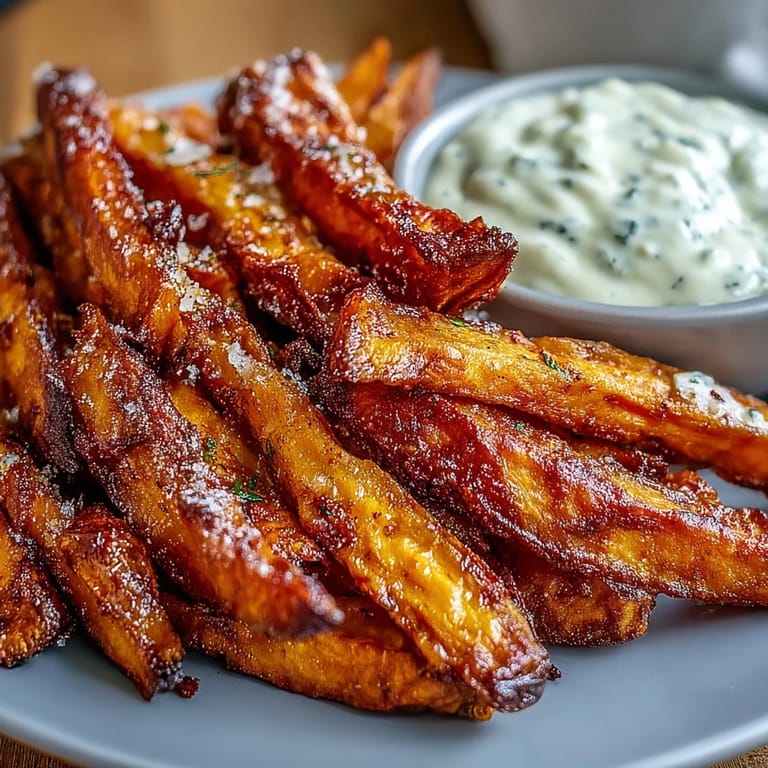 Golden sweet potato fries cooked to crispy perfection in the air fryer, paired with zesty homemade garlic aioli for dipping.  