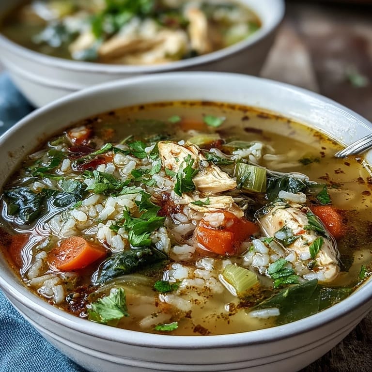 Wholesome one-pot chicken and rice soup simmered with fresh vegetables, herbs, and tender chicken for a satisfying dinner.