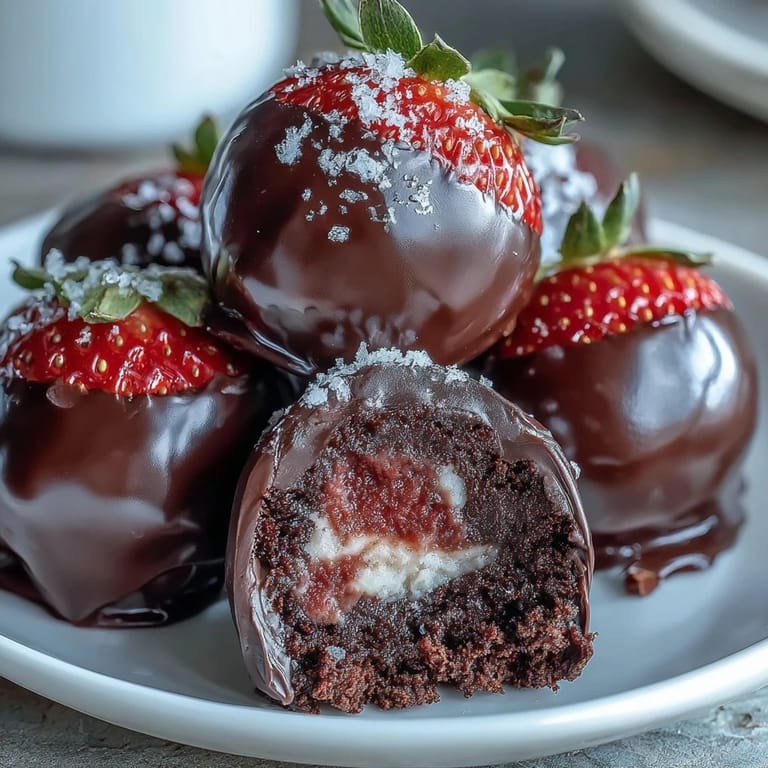 3. Elegant strawberry-infused chocolate truffles coated in dark chocolate and finished with freeze-dried strawberry powder and edible gold accents.