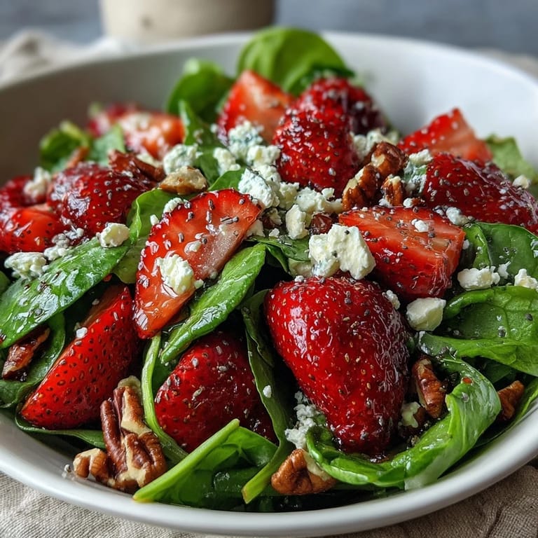 Colorful strawberry spinach salad featuring sweet berries, crunchy pecans, and homemade poppy seed dressing in a large bowl.