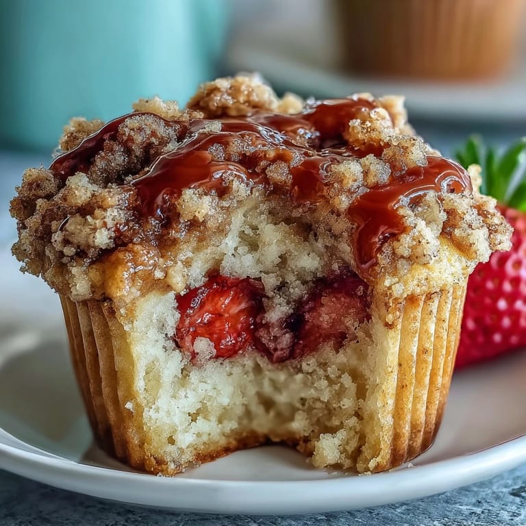 Fluffy muffins bursting with juicy strawberries and finished with a crisp cinnamon crumble topping.