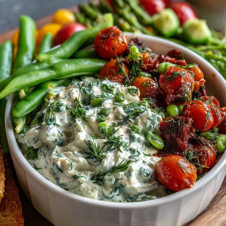 Fresh seasonal veggies arranged on a board with creamy herb dip, featuring radishes, snap peas, and cucumber slices.