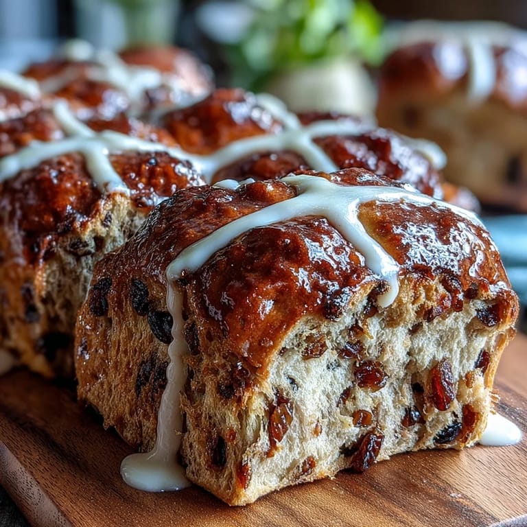 Spiced Hot Cross Buns with Citrus Glaze, warm and fragrant, studded with raisins and currants, finished with a zesty citrus glaze.